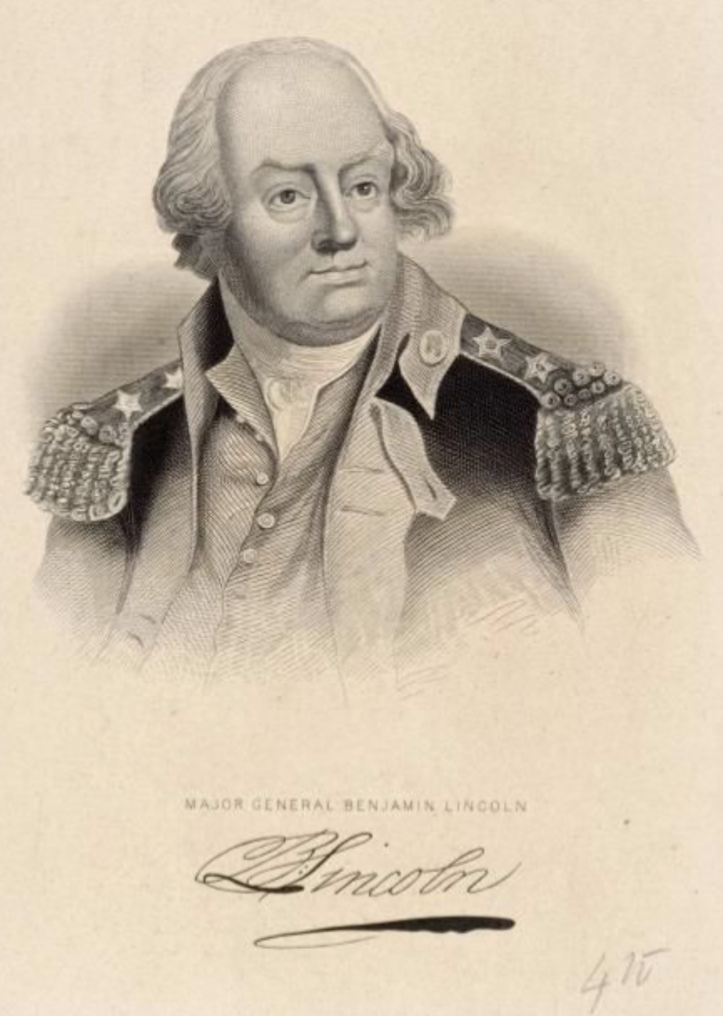 The Miriam and Ira D. Wallach Division of Art, Prints and Photographs: Print Collection, The New York Public Library. “Major General Benjamin Lincoln, Benjamin Lincoln [facsimile signature]” New York Public Library Digital Collections.